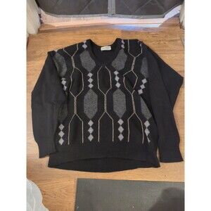 Vtg Jaeger Mens Large Black Argyle Lambswool V Neck Pullover Sweater